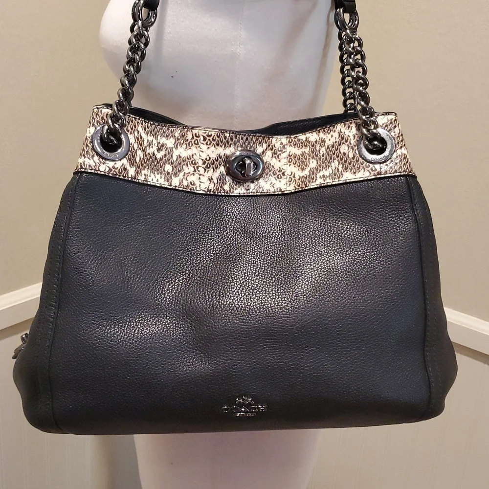 Coach Turnlock Edie Shoulder Bag With Snakeskin - Picture 2 of 15